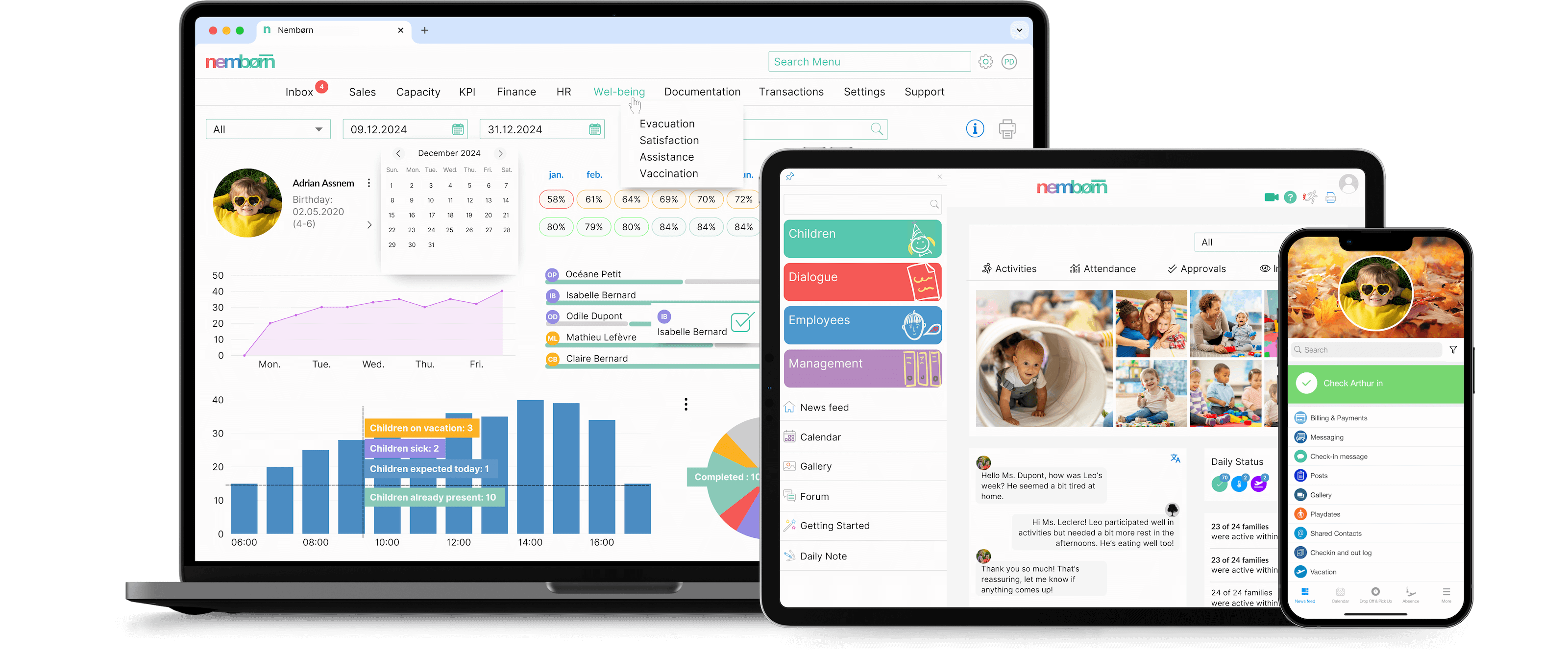 Nembørn’s childcare management solutions displayed on a laptop, tablet, and smartphone, featuring real-time analytics, attendance tracking, HR tools, and parent communication interfaces.