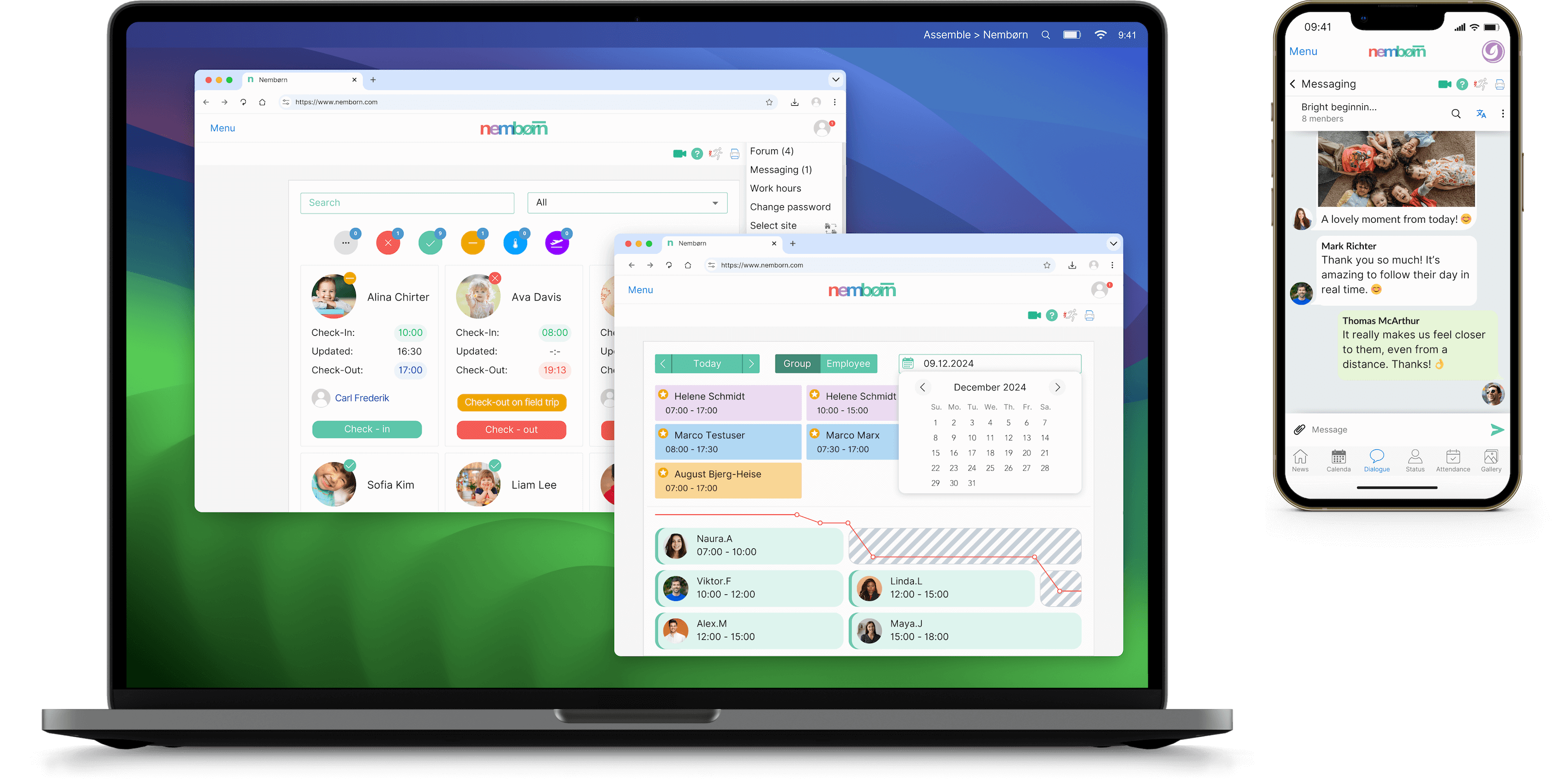 Nembørn childcare management platform on desktop and mobile for enrollment, scheduling, and communication