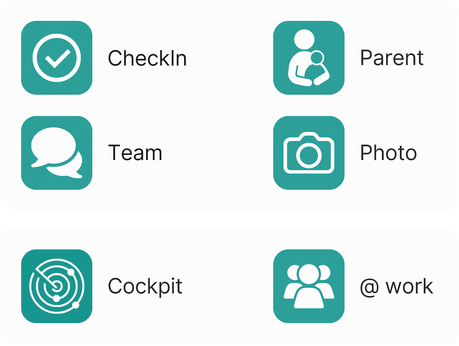 Nembørn childcare management features including Check-In, Team, Parent, Photo, Cockpit, and Work tools
