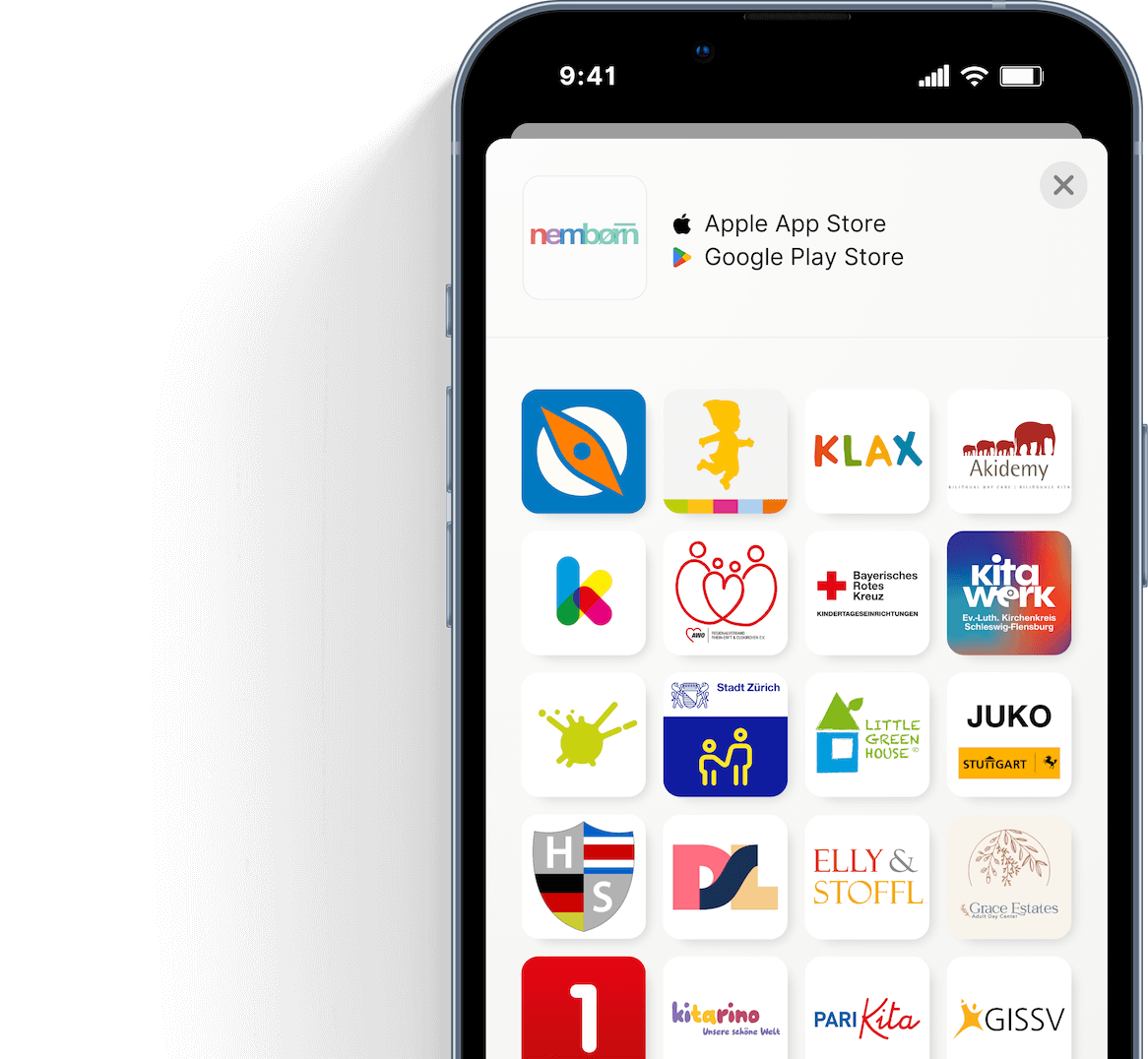 Examples of white-labeled apps and customer references using Nembørn’s Childcare Management Solutions. Features logos from various childcare organizations, including KMK Kinderzimmer, Little Green House, Elly & Stoffl, Kitarino, GISSV, pme, DS London, Compass, Wichtel Akademie, Klax, BRK, Stadt Zürich, and Akidemy. Showcasing the adaptability and branding flexibility of Nembørn’s Vertical ERP Childcare System tailored to customer needs