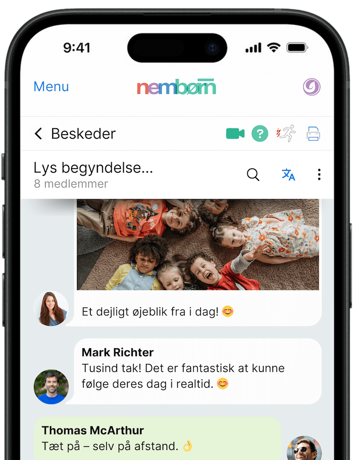 A mobile chat view in the Nembørn app showing real-time communication between educators and parents.