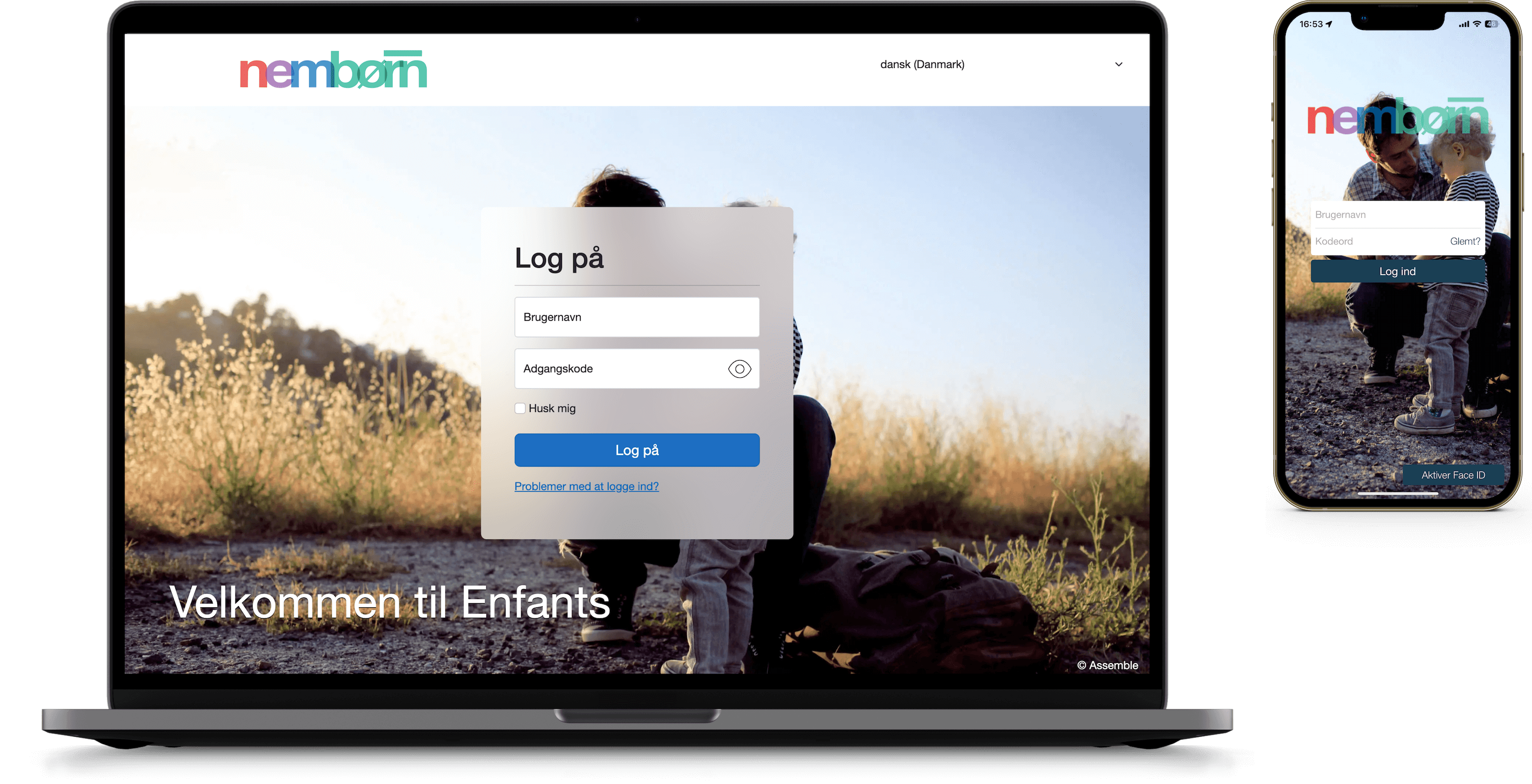Login-skærm på Nembørn-platformen vist på computer og mobiltelefon