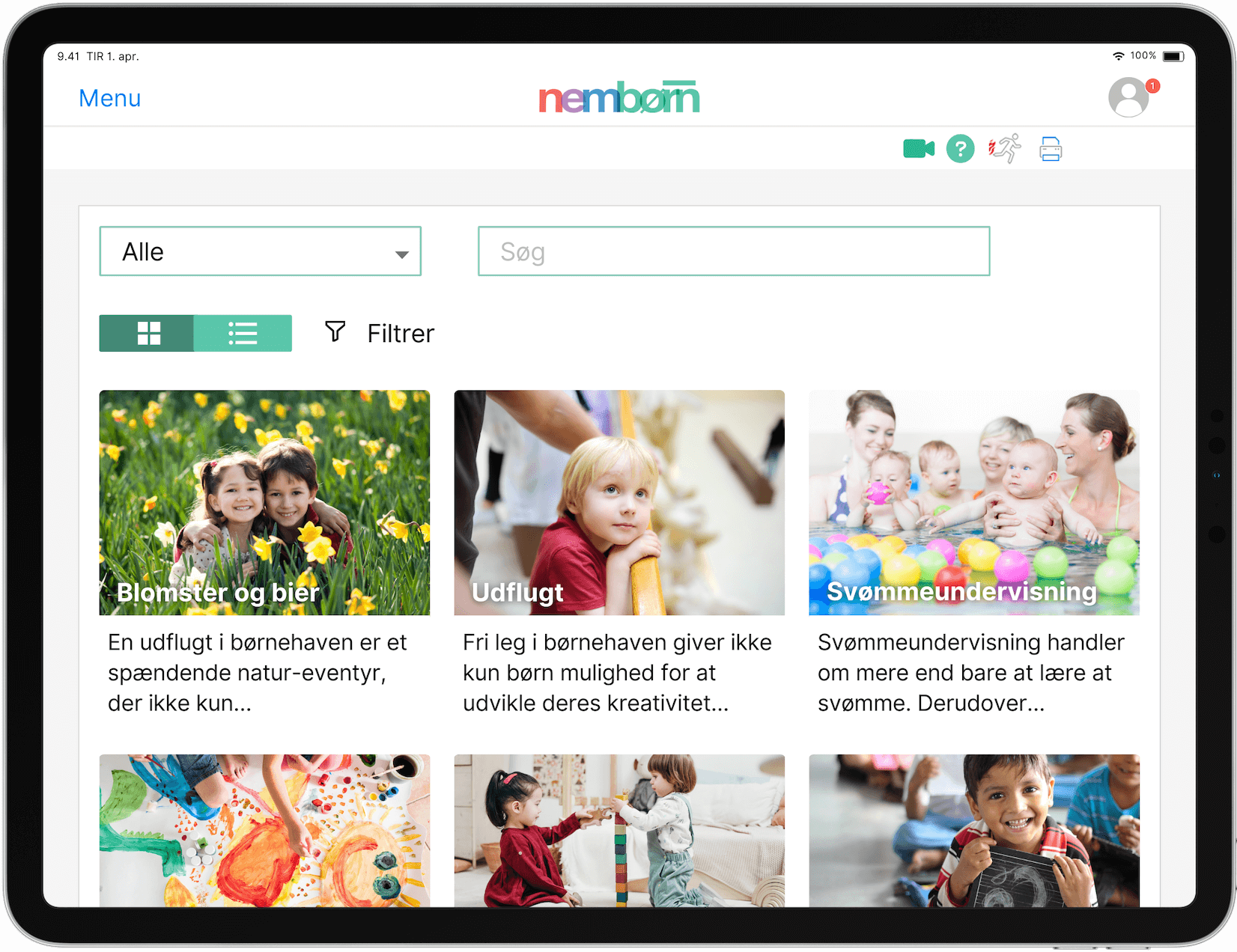 Skærmbillede af aktivitetsbibliotek i Nembørn-systemet på en iPad