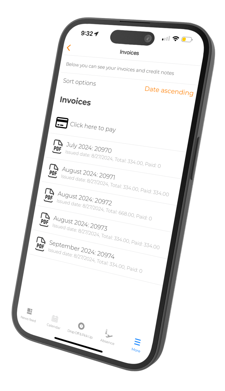 Screenshot of Nembørn’s Chilcare Billing Software displaying invoice management, payment options, and real-time account statements for seamless childcare financial transactions.